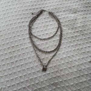 Silver Layered Chain Necklace with Padlock Pendant